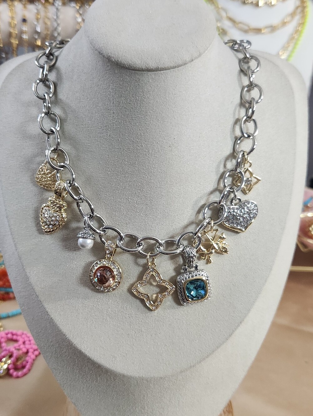 Two Tone Multi Charm Necklace